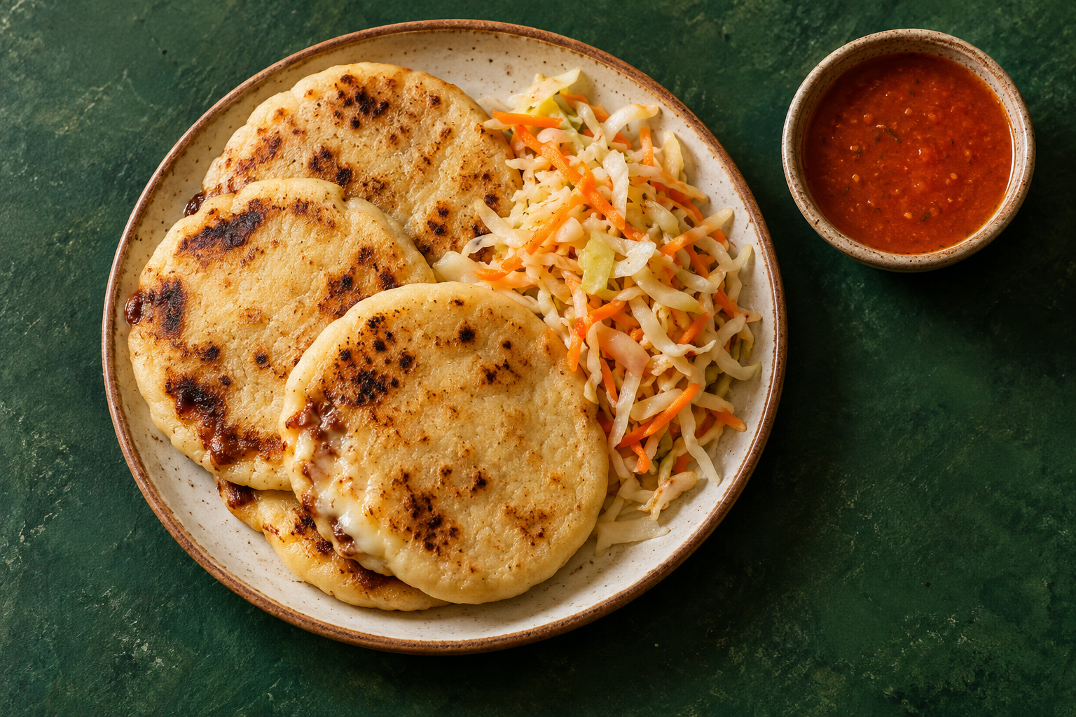 Illustrative pupusas served with curtido and tomato salsa