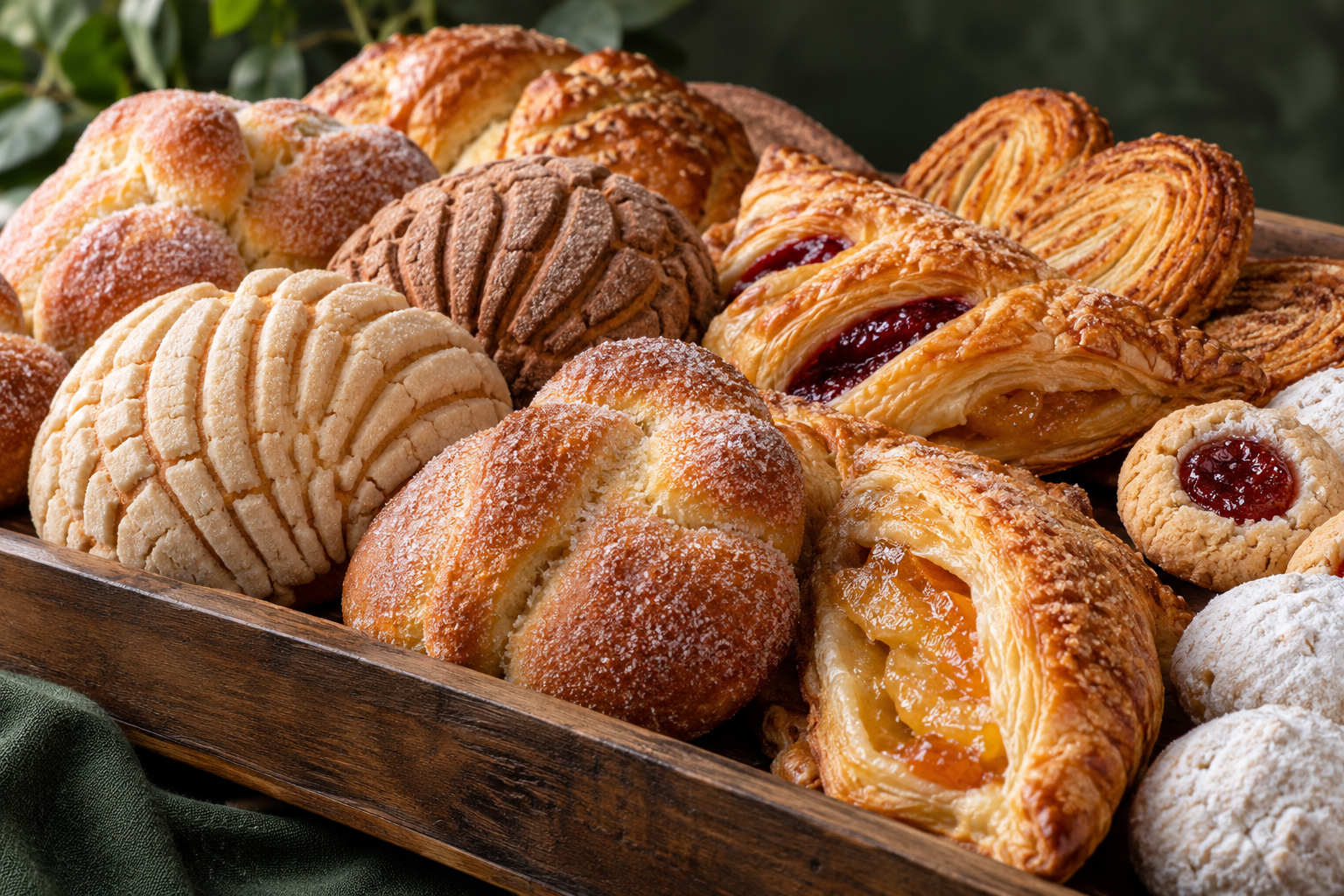 Illustrative assortment of golden sweet breads, pastries, and cookies on a bakery tray